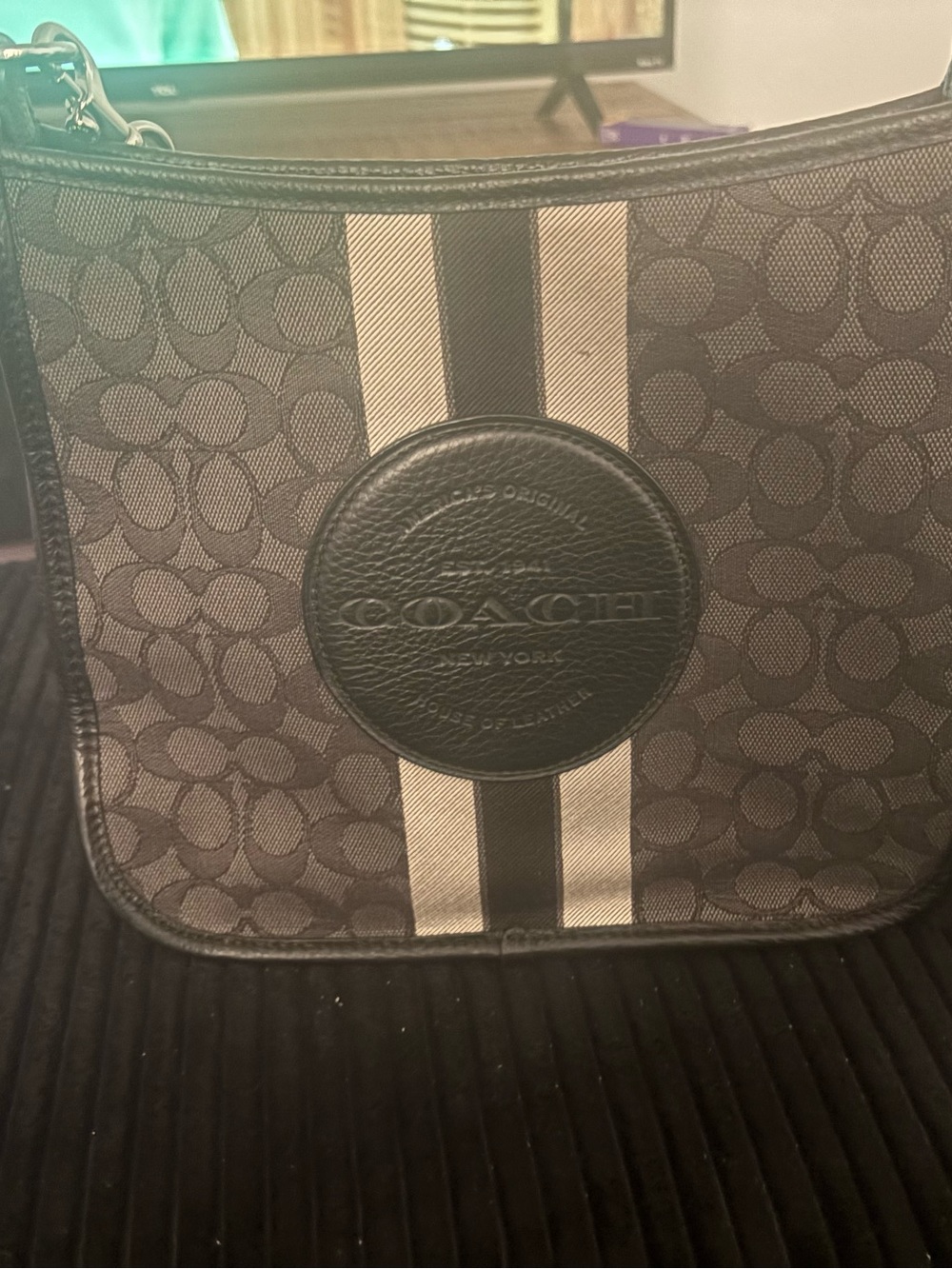 Coach Black and Gray Signature Stripe Messenger Bag
